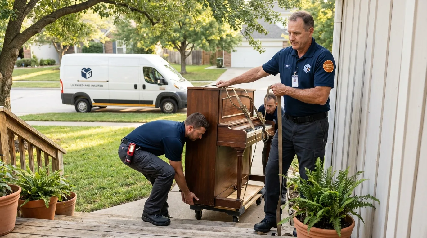 Licensed piano movers securing grand piano in Derry, PA