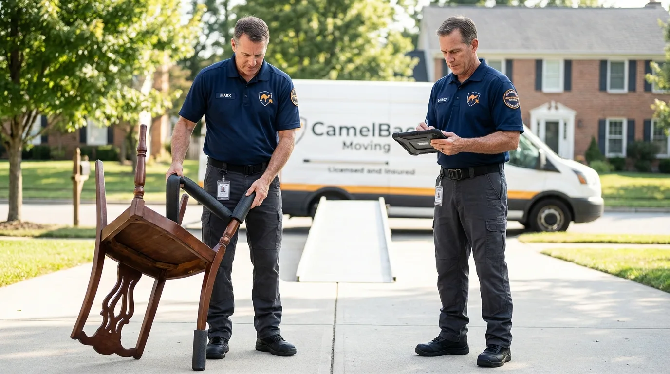 Movers inspecting furniture for damage prevention before loading in Derry, PA